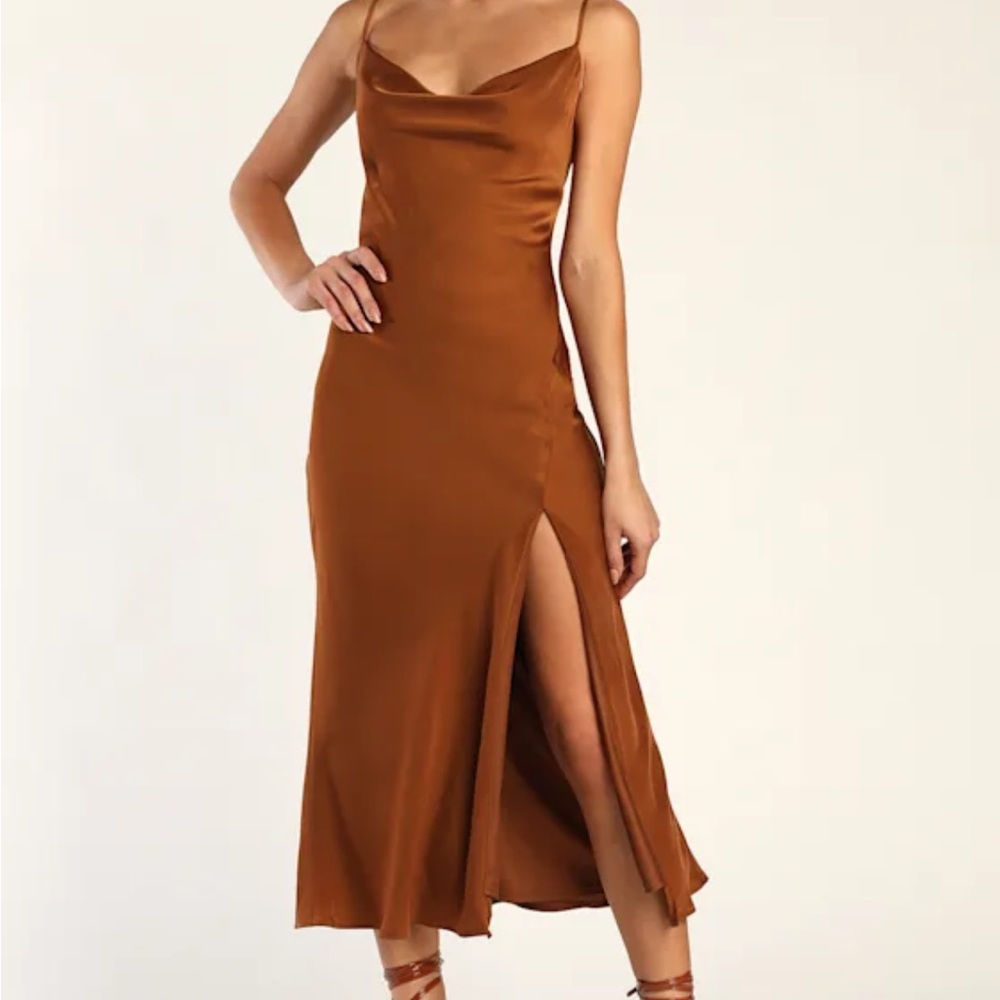 Lulu's Rust Brown Satin Cowl Neck Midi Dress